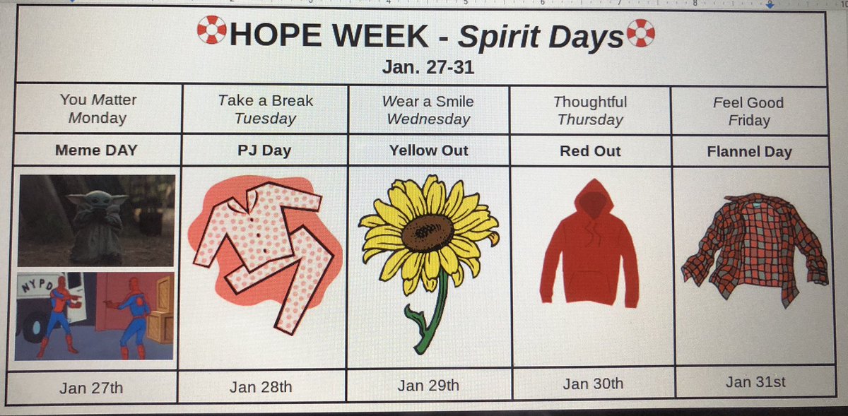 EastsideHope's tweet photo. 2020 Hope Week Spirit Days! Next week we will have many positive messages and decorations all throughout the week and we’d love for you all to participate! #WEareLakota #theEASTway @EAST_HAWKS @EastSD @HopeSquads https://t.co/BifdGzfU73
