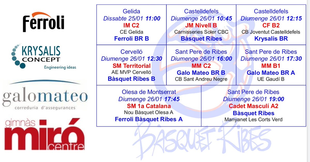 BasquetRibes's tweet photo. Ja teniu aquí els partits del cap de setmana! L'Infantil Femení comença el seu viatge en solitari, molta sort!!
La jornada a casa es mou a diumenge la tarda, on #minis i #cadets lluitaran per estrenar-se a la fase regular. #sombasquetribes #femribes #femclub https://t.co/Be7kWo9Xtt