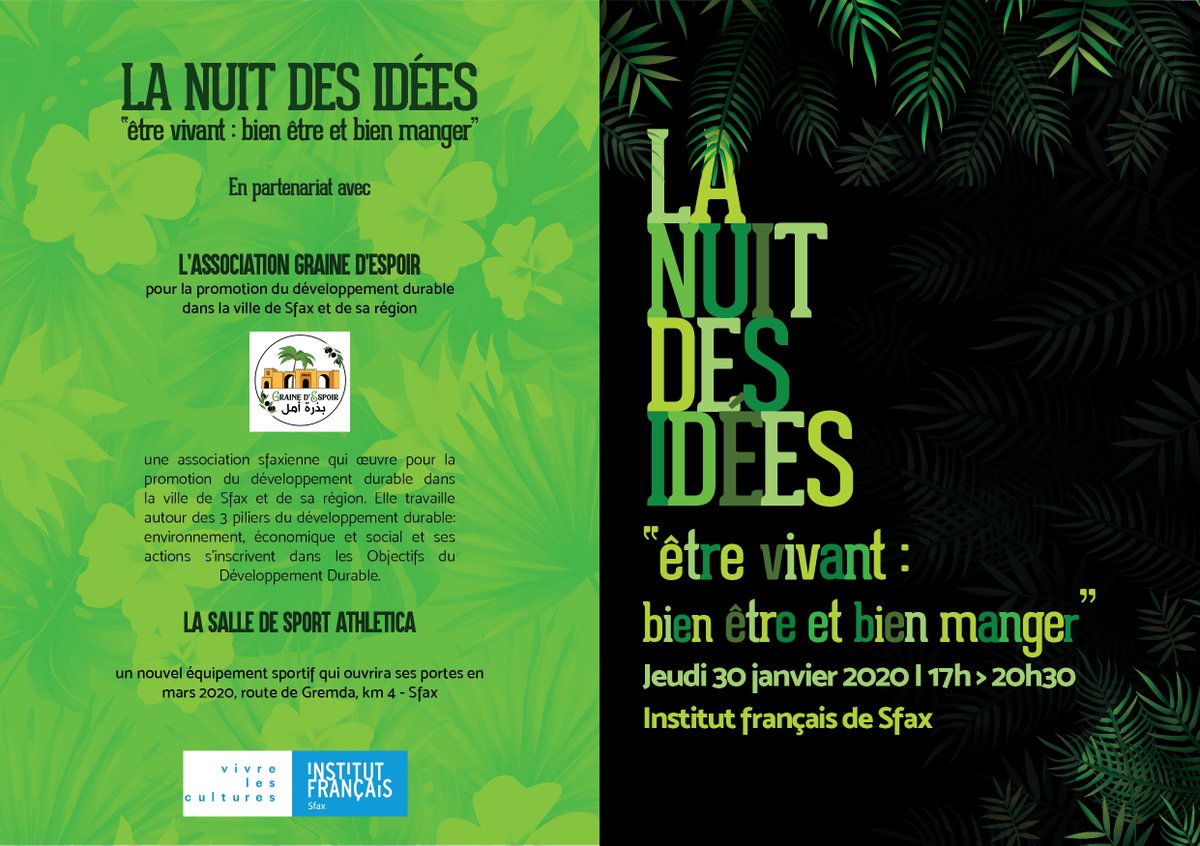 MDF_Sfax's tweet photo. La "Nuit Des Idées", grand rendez-vous dédié à la pensée et au partage des idées, revient le 30 janvier 2020 à Sfax !
#LaNuitdesIdées @IFParis #bienetre @IFTunisie #developpementdurable #yogadurire #bodybalance #nutrition #bio @LetsFoodCities
➡️ https://t.co/8tHTt9762u https://t.co/LZ5dYJkZgJ
