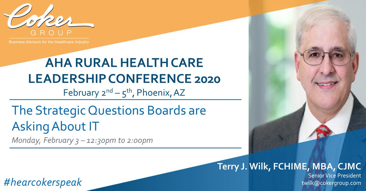 📅 Does your board know what it needs to about healthcare technology? During a roundtable session, four-time health care CIO <a href="/TerryWilk_CG/">Terry J. Wilk, MBA, FCHIME</a> will explore several critical questions that astute boards and executives must be asking about #HCIT.

#HearCokerSpeak <a href="/ahahospitals/">American Hospital Association</a>