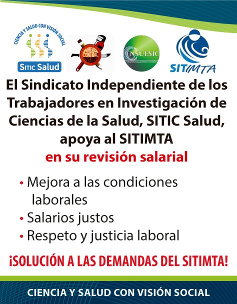 SaludSitic's tweet photo. El Sindicato Independiente de Trabajadores en Investigación en Ciencias de la Salud, SITIC Salud en solidaridad con el SITIMTA
#siticsalud #sindicato #sitimta @SaludSitic @SITIMTA https://t.co/pgMHTubfG1