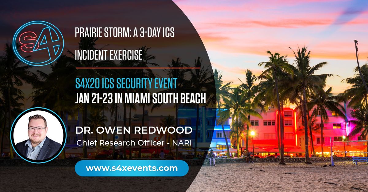 Dr. Owen Redwood will describe Prairie Storm: A 3-Day ICS Incident Response exercise put on by the Nebraska Applied Research Institute at 10:45 on the #S4x20 Main Stage.