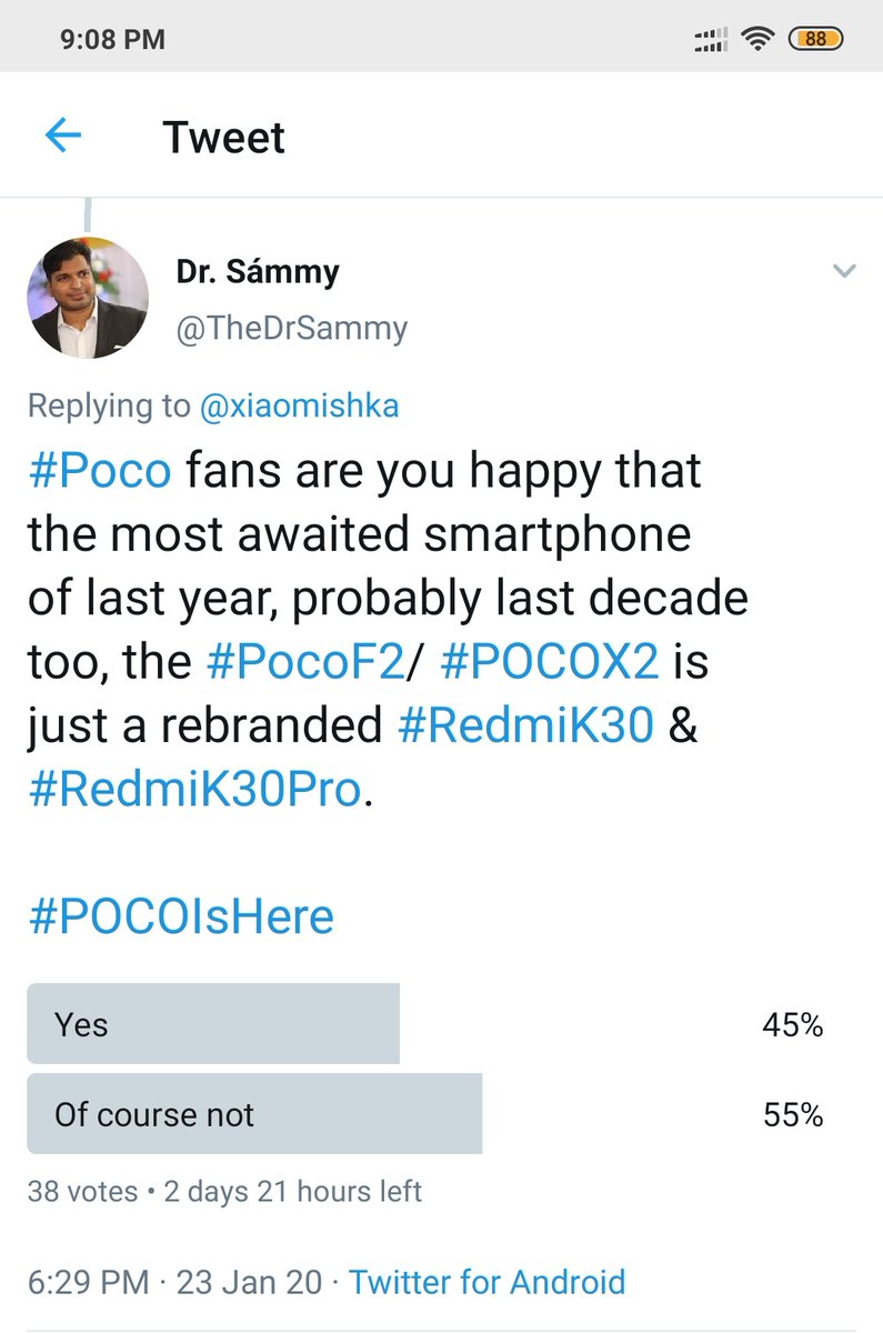dr_sammd's tweet photo. @xiaomishka 45-55? I seriously thought #Poco fans would be wanting a damn new phone made from scratch, not a rebranded #Redmi mobile!
#POCOIsHere #pocof2 #pocof2lite #POCOX2 20-80! https://t.co/hLzlfOnsib