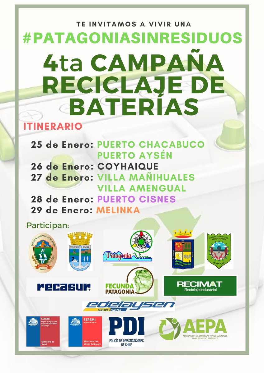 Recimat_'s tweet photo. Por cuarta vez estaremos presentes en la Región de #Aysén con nuestra campaña de retiro de #baterías. Queremos alcanzar todos los rincones de Chile, para fomentar el reciclaje de este peligroso residuo. https://t.co/xe4nkt3Izg