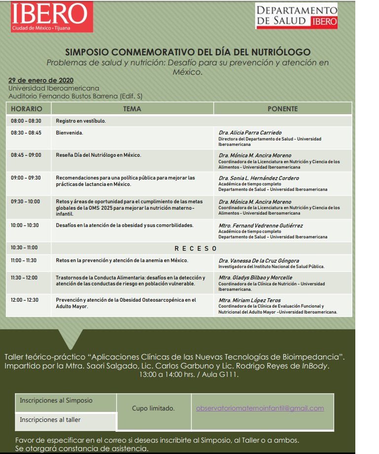 El Departamento de Salud ha organizado un ciclo de conferencias para celebrar el Día del #Nutriólogo. 

Será el próximo #miércoles 29 de enero, les dejo el programa con los detalles. #SomosIbero #SomosNutrias