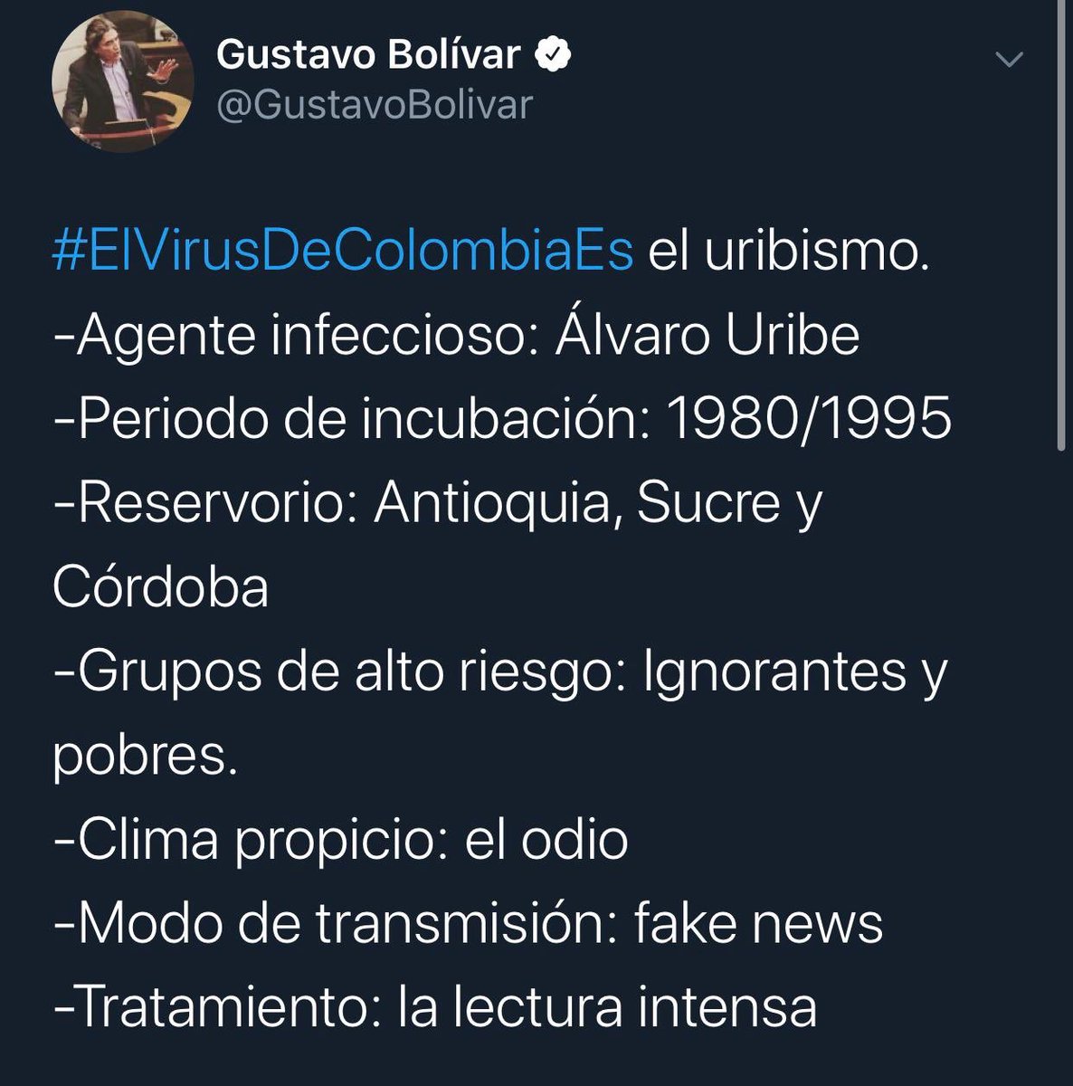 Una pregunta para los millones de #UribistaSigueUribista ¿qué piensan de que un Senador de la República se refiera a nosotros como pobres ignorantes? 
Los leo atentamente. 
#ElVirusDeColombiaEs <a href="/GustavoBolivar/">Gustavo Bolívar</a>
