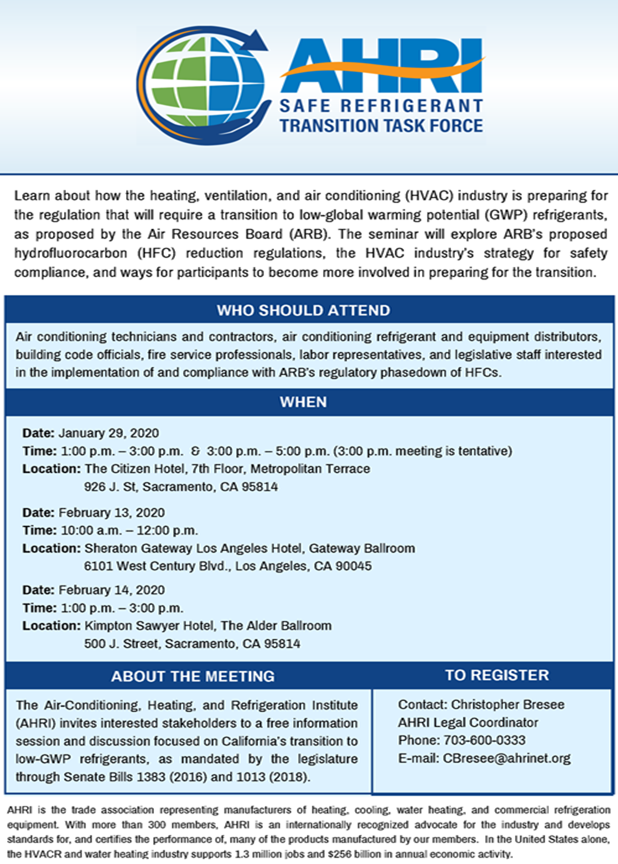 ASHRAE_sjv's tweet photo. AHRI will be holding a series of forums to educate and engage industry stakeholders on the impacts of refrigerant regulations being implemented by the California Air Resources Board (CARB) https://t.co/tNG7RepYTy