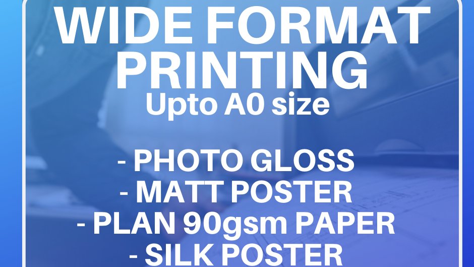 Do you need something printing bigger than normal A3 size? Look no further...

Wide Format Printing available at Display Pro up to size A0 (841mm x 1189mm)

Many finishes available including;
- Photo Gloss Paper
- Matt Poster Paper
- Silk Poster Paper
- 90gsm Plan Paper