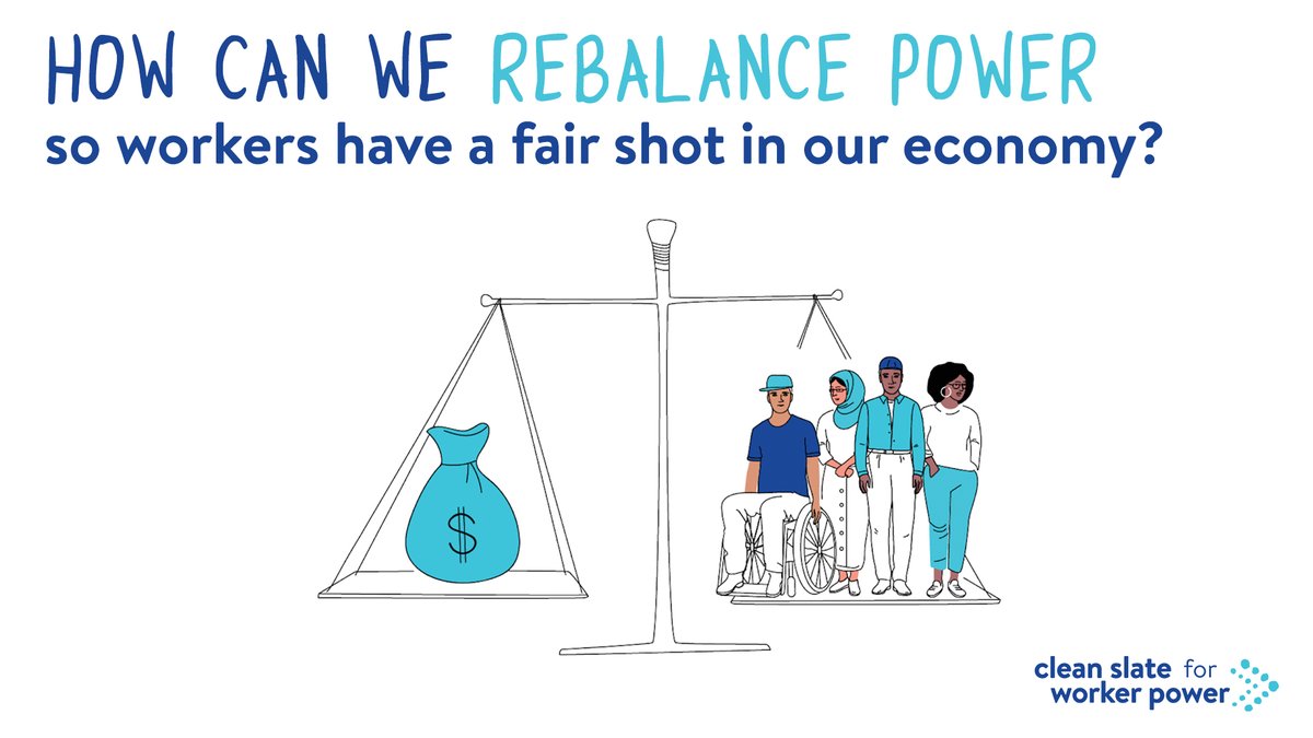 Graphic reads "How can we rebalance power so workers have a fair shot in our economy," and shows a scale with a bag of money on one side, and a group of people on the other. In the bottom righthand corner are the words "clean slate for worker power," which is the name of the initiative being launched today by Harvard Law School’s Labor and Worklife Program.