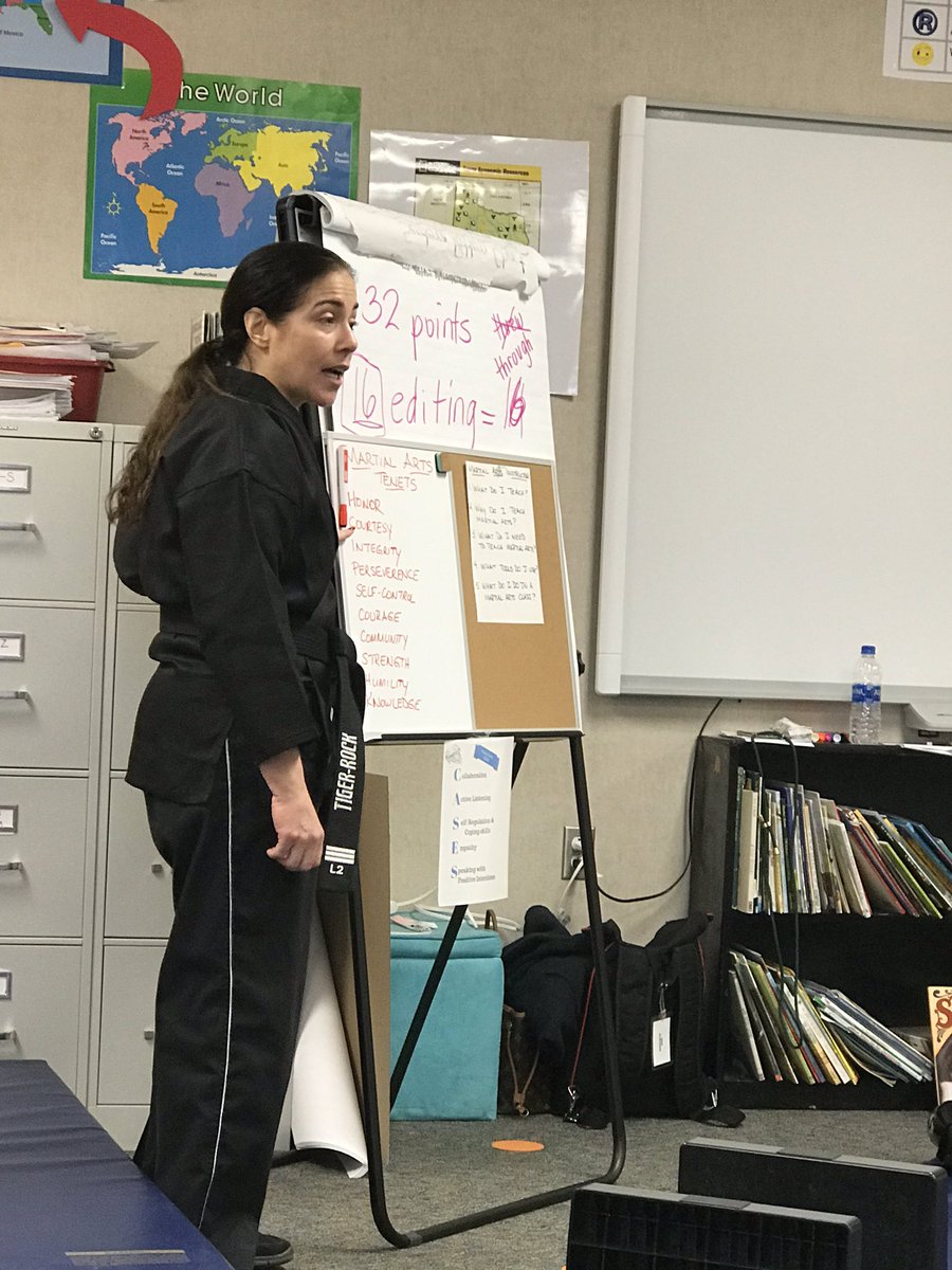 kris_larkin's tweet photo. Love the martial arts tenets!! Honor, perseverance, knowledge, courtesy, integrity, self-control, strength, community,  humility. These are important in LIFE! Thank you for teaching us something new~ #presspride #presscareerday #press4th #mymisd https://t.co/kw8fa0SGEV