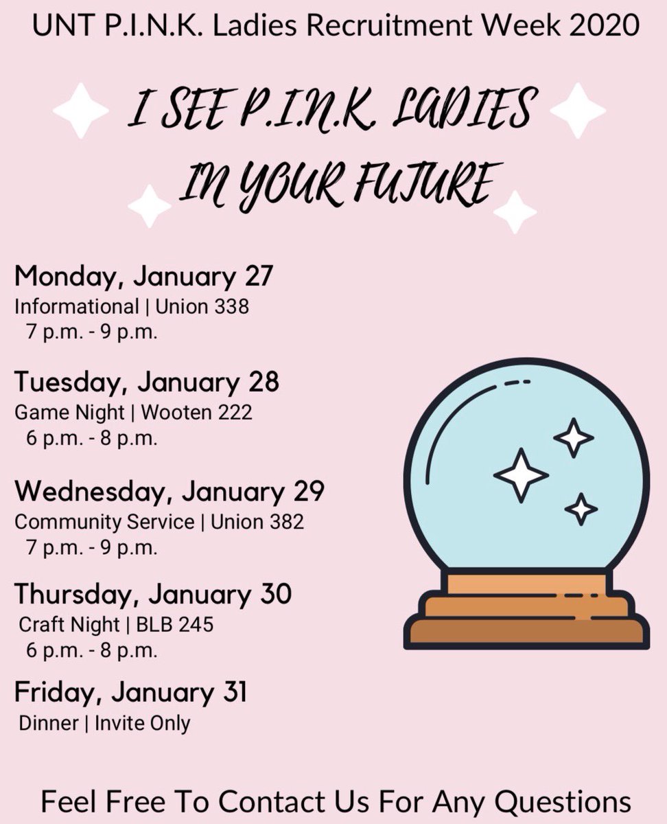 Recruitment events and locations! Stop by and learn about this great org💓