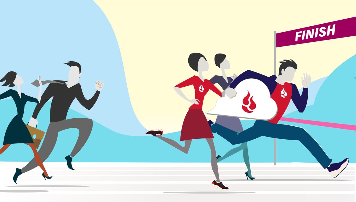 Sales people running towards a finish line.