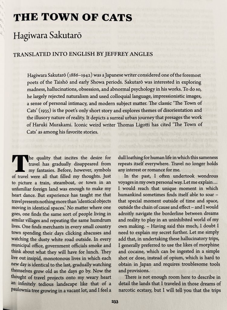 1/23/2020: “The Town of Cats” by Hagiwara Sakutarō, translated by  @jeffreyangles, published in THE WEIRD, an anthology edited by  @AnnVanderMeer and  @jeffvandermeer. Originally published in 1935.