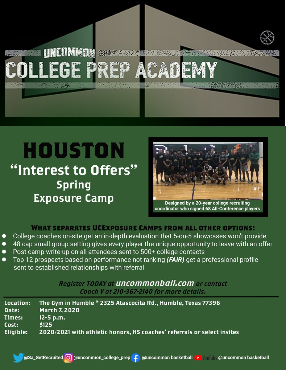 UC_Exposure's tweet photo. Spring Camps kick off in Houston!  2020s must have invite, HS coaches referral or Varsity honors.  36 cap for 2020s and prospects must be in good academic standing.  Don't want to waste college coaches time or parents money!  #UnCommon #LeaveWithAnOffer @RcsSports @Donte3000 https://t.co/A10UW4bFgh