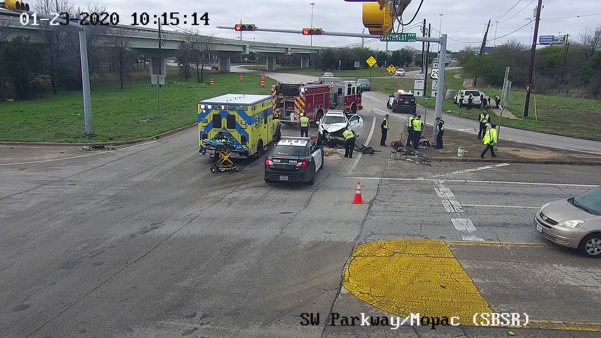 austinmobility's tweet image. A crash at Mopac &amp;amp; Southwest Parkway southbound frontage road has several lanes closed. Seek alternate route. #ATXTraffic