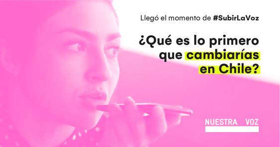 Súmate y sé parte del cambio con <a href="/NuestraVozcl/">Nuestra Voz</a>! 

¿Qué es lo primero que cambiarías en Chile 🤔?

Envía tu respuesta al:
➡️ wa.me/56998708971

Porque llegó el momento de #SubirLaVoz‼️
