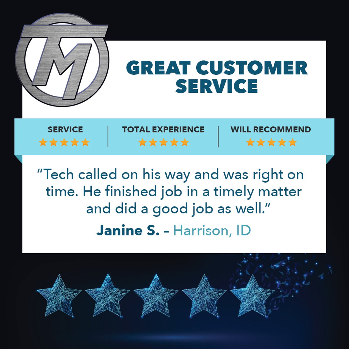 TrademarkMechan's tweet photo. Thanks, Janine! We're proud to serve residents of Northern #Idaho like you, and we pride ourselves on providing the best service possible! It's good knowing we're doing right by all of you. #TrademarkMechanical #HVAC https://t.co/YhAYjAX2Tm