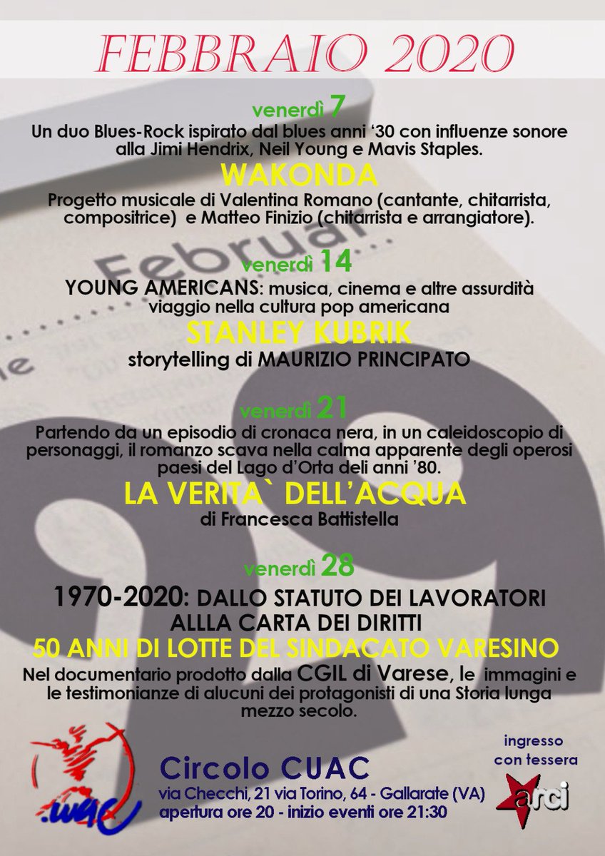 Ciao. 
Questo è il programma del mese di FEBBRAIO di:
<a href="/ArciCuac/">ARCI CUAC</a> via Torino 64 <a href="/Gallarate/">Ricardo Pereira</a> 

BENVENUTA e BENVENUTO!

Entrata con tessera Arci valida per il periodo 2019/2020.
