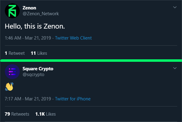 2.  @Zenon_Network and  @sqcrypto seem to be communicating with each other on multiple occasions.  @sqcrypto responds with a wave after 5 hours.  $znn