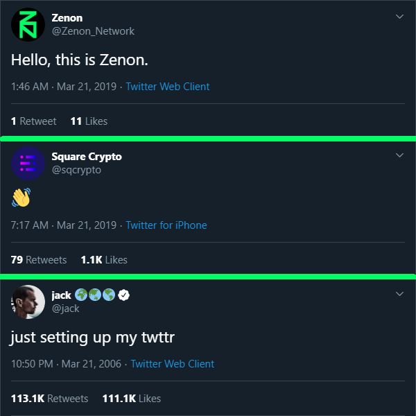 4.  @sqcrypto,  @Zenon_Network and  @twitter all started on 21st of March. 3/21 seems like a good day to start a new project. 321 GO.  $znn