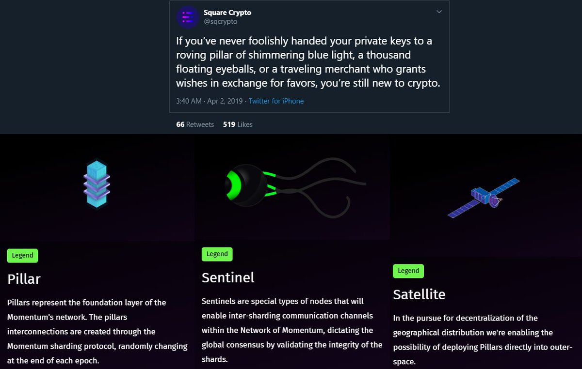 6. in this tweet  @sqcrypto mentions "pillar shimmering blue light", "a thousand floating eyeballs" and "travelling merchant". these can be found on the  @Zenon_Network website as elements of the future Network of Momentum.  $znn