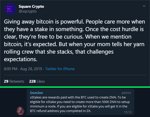 9. this tweet describes how the  $znn coin offering went out and why they did it this way. below is the mechanism used to create  $znn. basically if you bought 5k  $znn (a node) you would get 100% of your btc back with time. let's examine the tweet.