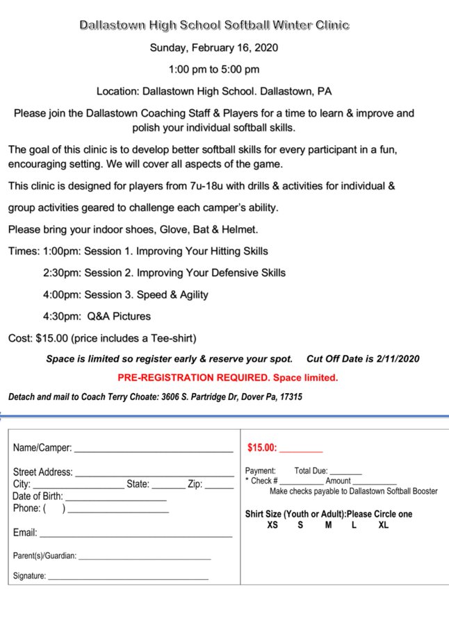 🚨YOUTH SOFTBALL PLAYERS🚨 
Dallastown HS Softball coaches &amp; players are having a clinic for girls 7-18.

 Sunday February 16 
 1pm - 5pm 
 Dallastown High School gym
 $15 ( includes t-shirt) 

Registrations will be taken up to day of camp  ** MUST REGISTER BY 2/11 FOR SHIRT**
