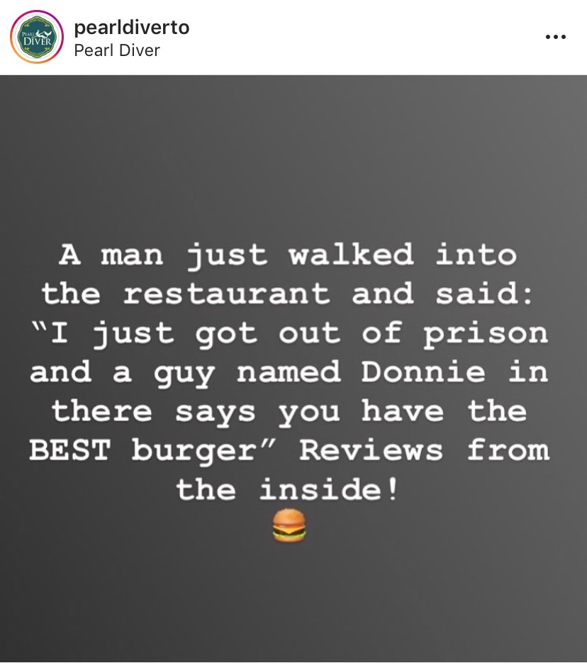 Here is today's GLB lunch recommendation - Pearl Diver (<a href="/PearlDiverTO/">Pearl Diver</a>) on Adelaide, Toronto.

Known for their amazing seafood, but their burger is top notch too! And... apparently loved by recently released inmates. Pair up with some Octopus Wants to Fight!

#GLBlunchTweets