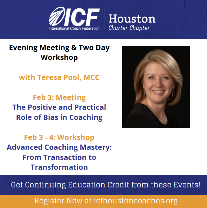 ICFHouston's tweet photo. Join ICF Houston Chapter - Monthly Meeting
The Positive and Practical Role of Bias in Coaching
February 3rd - 5:30 to 8:00 pm

Register Now! 
https://t.co/wXkGl0kQ5l

#icf #icfhouston #icfhoustoncoaches #houstoncoaches #coachesthriving #coaching #thriving #transformation https://t.co/QfM7FWFx7x