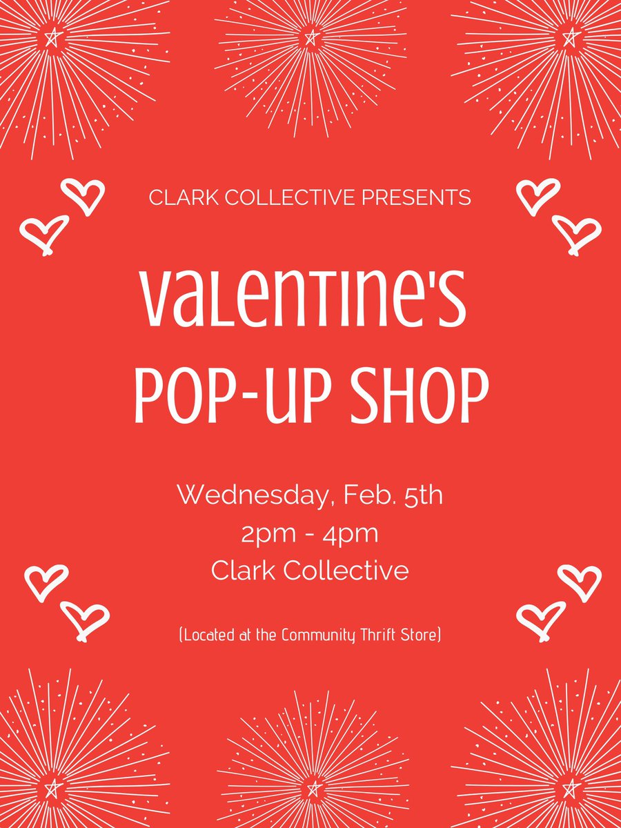 CuCollective's tweet image. Make sure to stop by the Clark Collective on Wednesday, Feb. 5th from 2pm - 4pm for the Valentine’s Pop-Up Shop! Shop local and get your gifts for Valentine’s Day! Free chocolates will be provided! #collegeentrepreneur #clarkcollective #popupshop