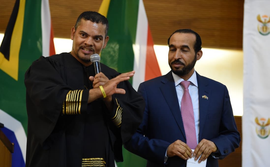 DIRCO_ZA's tweet photo. The Ambassador of the United Arab Emirates to South Africa, His Excellency Mahash Saeed Al Hameli addresses guests during the #BackToSchool #DIRCOOpenDay with DIRCO’s Deputy Minister @alvinbotes. He spoke about #SAUAERelations shared words of encouragement with the learners. https://t.co/55506tLzaS