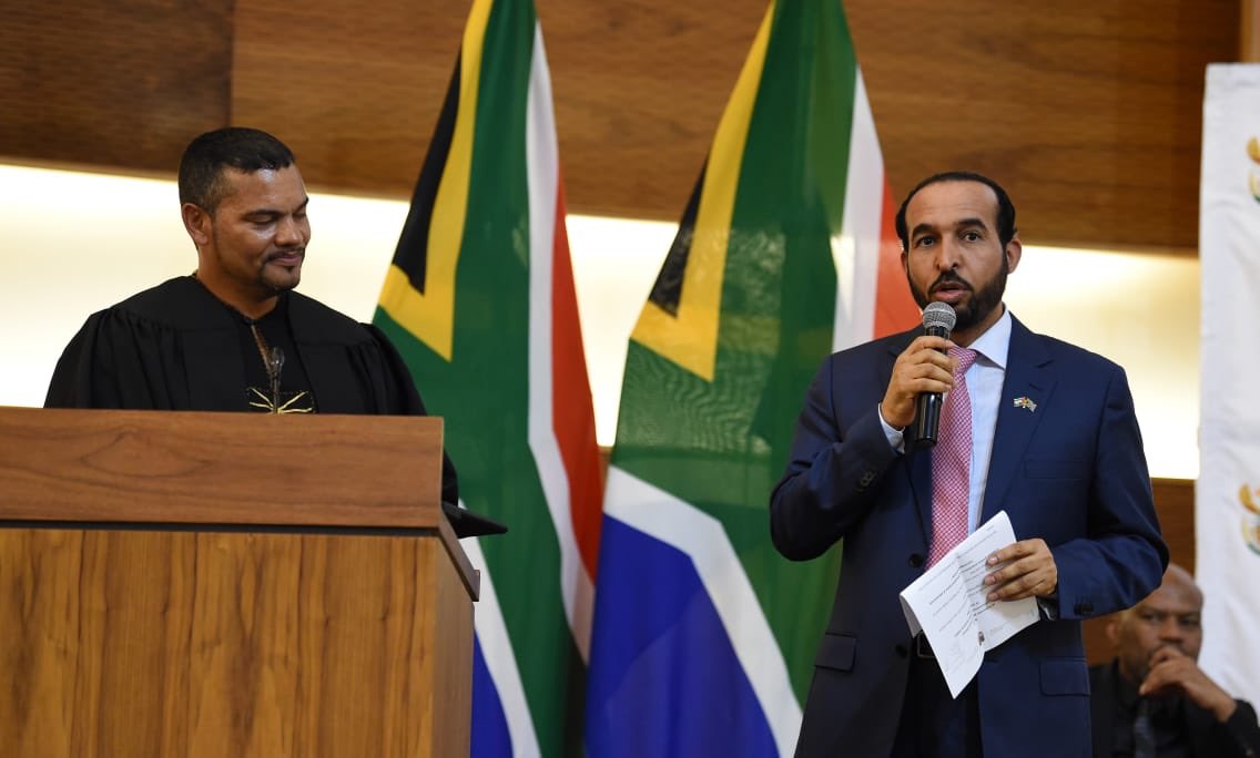 DIRCO_ZA's tweet photo. The Ambassador of the United Arab Emirates to South Africa, His Excellency Mahash Saeed Al Hameli addresses guests during the #BackToSchool #DIRCOOpenDay with DIRCO’s Deputy Minister @alvinbotes. He spoke about #SAUAERelations shared words of encouragement with the learners. https://t.co/55506tLzaS