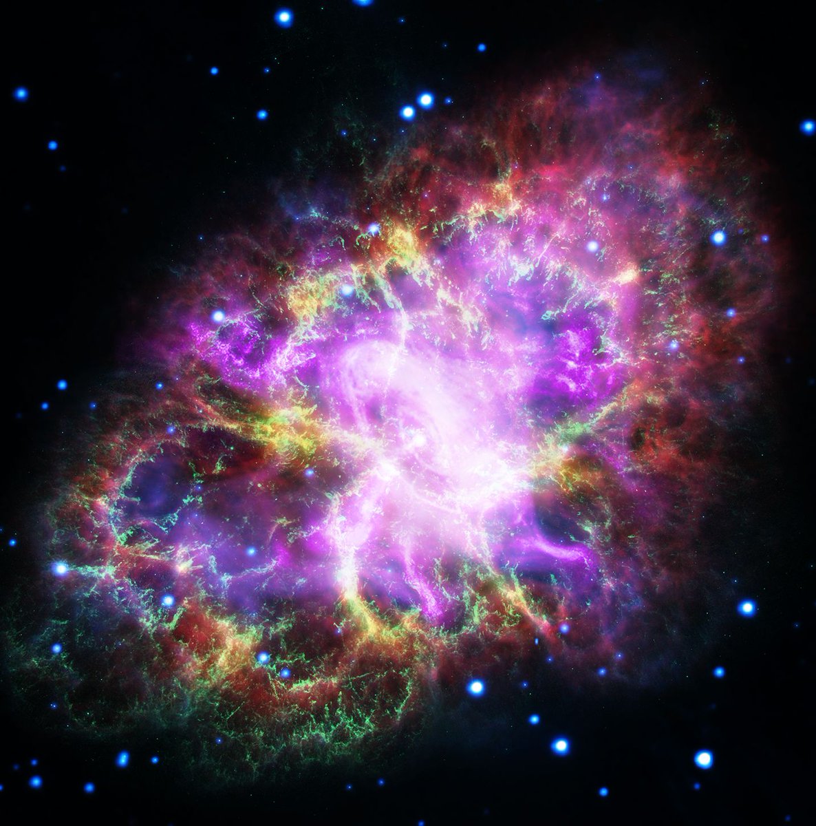 Kazuo Terakado かに星雲 電波からx線まで5つの観測データを合成 赤色が電波 Vla 黄色が赤外 スピッツァー宇宙望遠鏡 緑色が可視光 ハッブル宇宙望遠鏡 青色が紫外 Xmmニュートン望遠鏡 紫色がx線 チャンドラx線望遠鏡 のデータ Nasa かに星雲