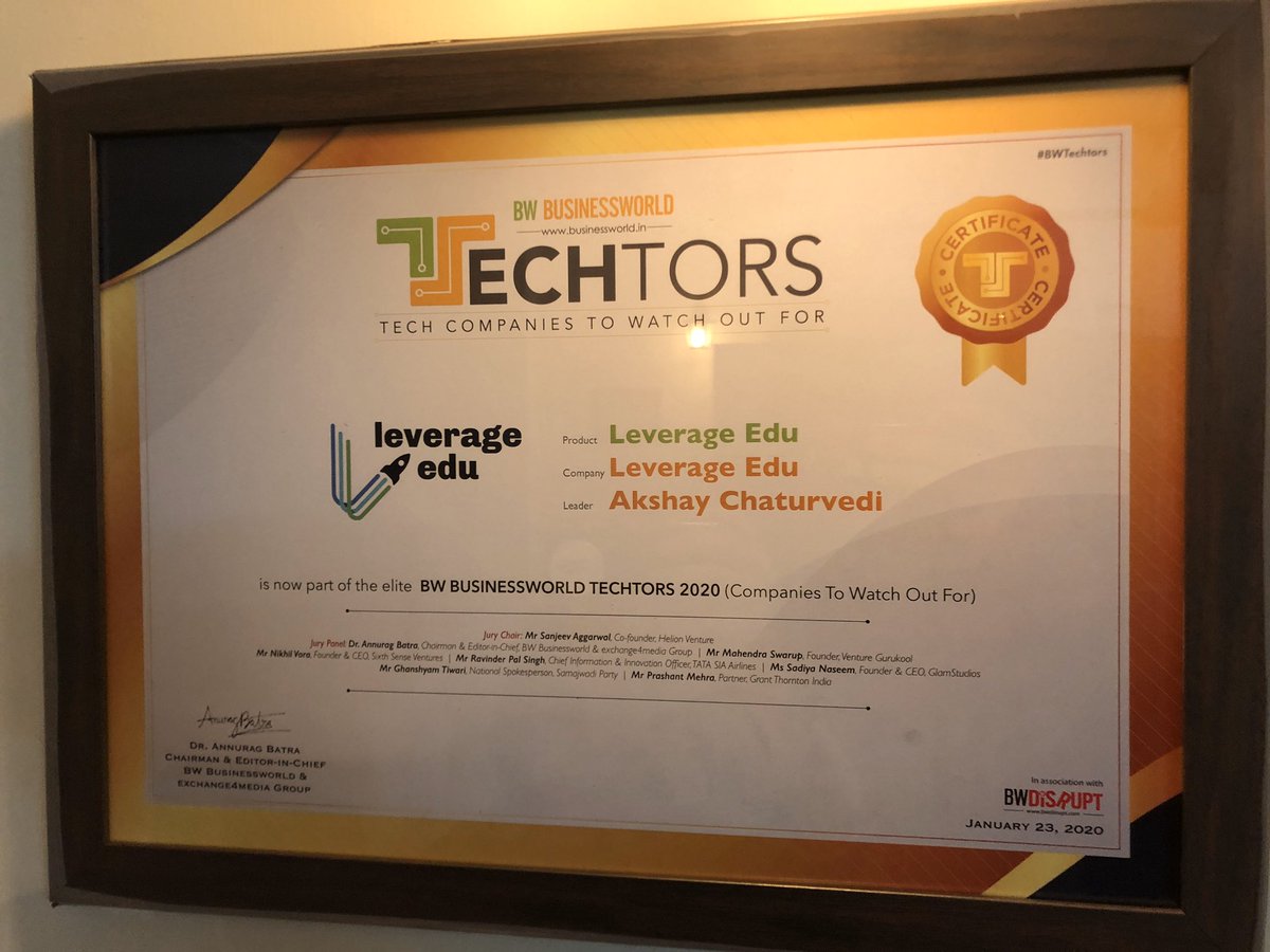 Akshay001's tweet photo. We @leverageedu just won the @BWBusinessworld #Techtors Award; + cool to be on the list with fellow Blumier @BlumeVentures companies @smallcaseHQ & @YuluBike :)
1/2 https://t.co/vOL5rZWcTV
