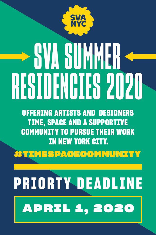 SVA_Residencies's tweet photo. Applications are now live for the 2020 Summer Residency program! The priority deadline for application is April 1. https://t.co/rxb9pNz9ga #timeSpaceCommunity #summerresidency #art #design @SVA_News https://t.co/5Gx6OhW44w