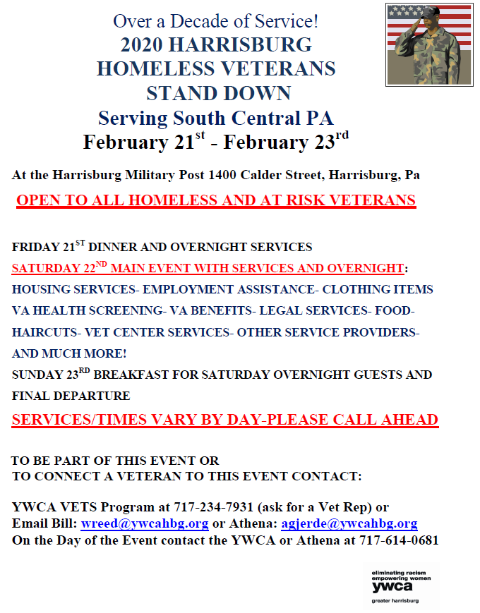 cach_pa's tweet photo. Harrisburg Homeless Veteran’s Stand Down on 2/21-2/23/20 at the Harrisburg Armory, 1400 Calder Street, Harrisburg, PA.  https://t.co/iI1JTAH1hg https://t.co/fjnWtWhCU9