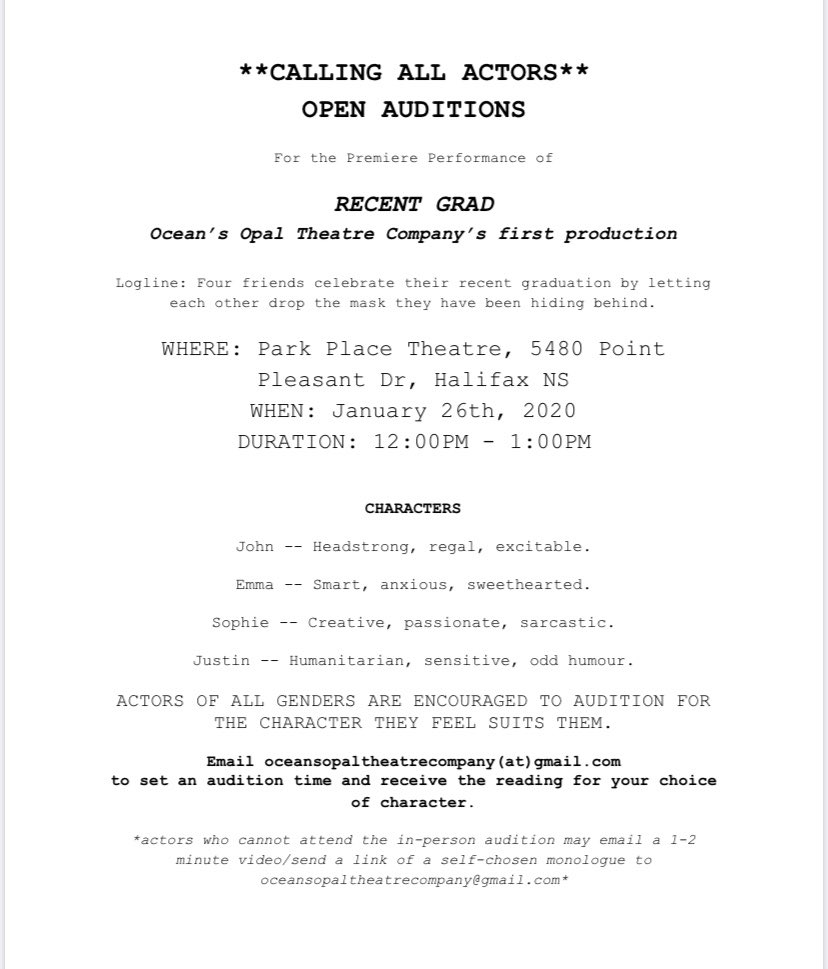 ocean_opal's tweet image. Calling all #actors! Audition for our first production on Jan 26th. Email us at oceansopaltheatrecompany(at)gmail.com to set up an audition time and receive your reading. 
#halifax #NovaScotia #theatre #theatrejobs #theatrical #theatrens
