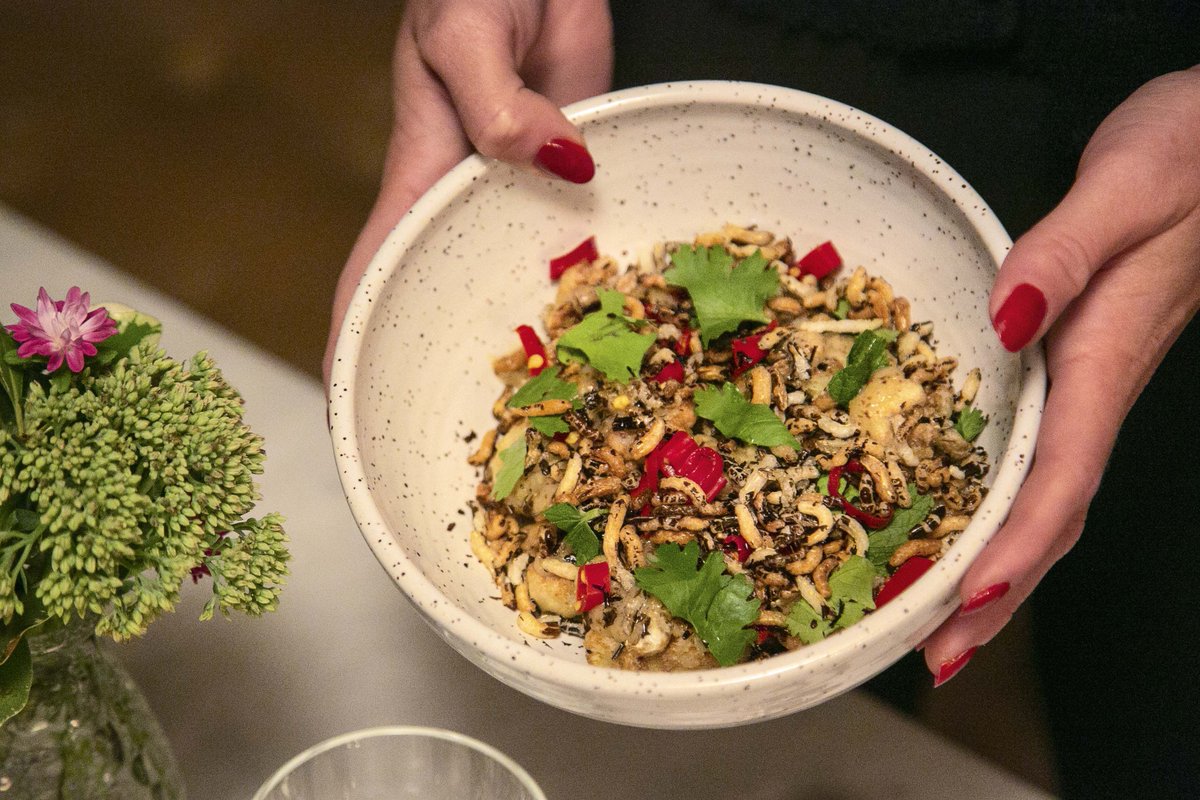 Our Fried Cauliflower. Crispy and light pieces of cauliflower are dressed with a lime vegannaise, and served with crispy puffed rice, fermented red chillies, and fresh herbs. Each bite will leave you loading up your fork for the next.⁣
⁣
Light, delicious, vegan, and local 🌱⁣