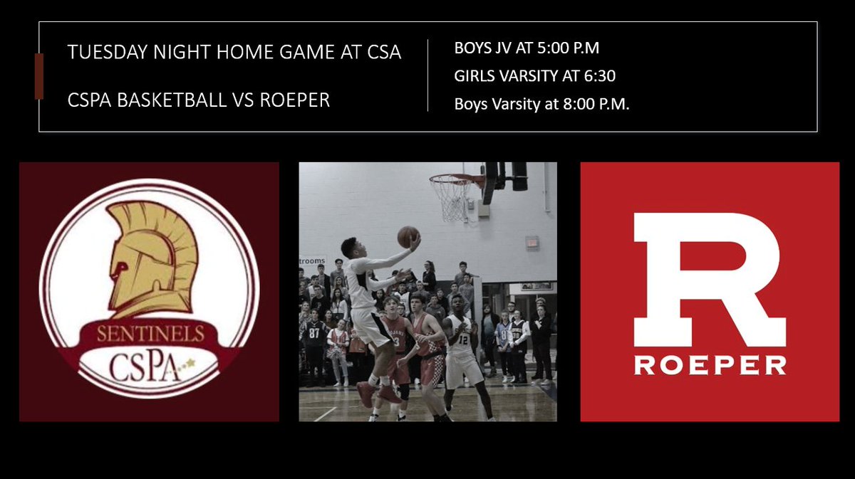Tuesday Night Games!  Come out to support your Sentinels vs Roeper HS! Games are Home @ CSA Hartland, MI.  
JV Tips off at 5:00 pm
Girls Varsity @ 6:30 pm 
Boys Varsity @ 8:00 p.m. 
<a href="/csadistrict/">Charyl Stockwell Academy District</a> <a href="/MIACConference/">M.I.A.C.</a> <a href="/LivCountySports/">Press & Argus Sports</a> <a href="/WHMI/">WHMI</a>
 #Effort