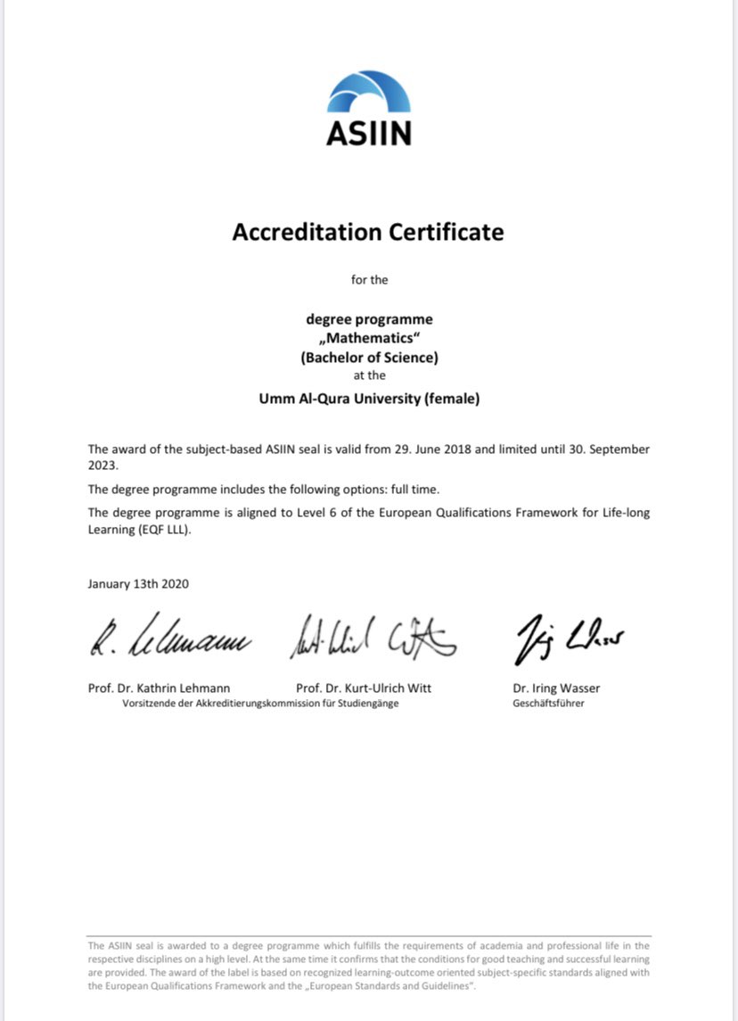MUqu2020's tweet photo. بفضل الله وتوفيقه حصل برنامج بكالوريوس العلوم الرياضية على شهادة الاعتماد الأكاديمي من منظمة الاعتماد الألمانية "ASIIN" https://t.co/yanLLJ7Boz