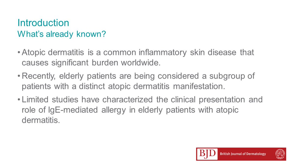 BrJDermatol's tweet photo. Why not browse through this review’s free to use #JournalClubSlides looking at the clinical and pathophysiological hallmarks of #AtopicDermatitis in the #Elderly: https://t.co/c62mPc53bY https://t.co/qIUStWmTRM