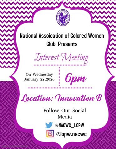 _princessdreams's tweet photo. INTEREST MEETING IS TOMORROW!!!! Come learn more about our wonderful organization and meet the amazing members of @NACWC_LOPW hope to see you there!! 💜💜💜 https://t.co/Qcg4nwjGzy
