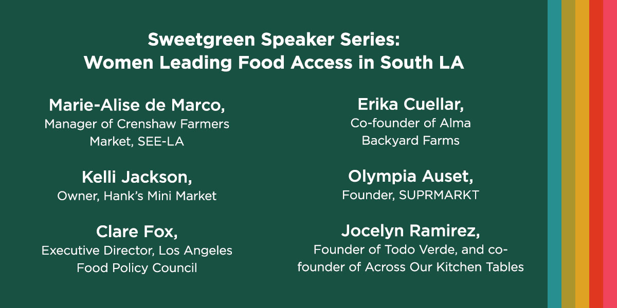 sweetgreen's tweet photo. Tomorrow (1/22) we’re talking to some of the incredible women leading food access in South LA. Tweet your questions @sweetgreen with the hashtag #sgspeakerseries and we’ll share their answers here. https://t.co/I5OT85N9vm