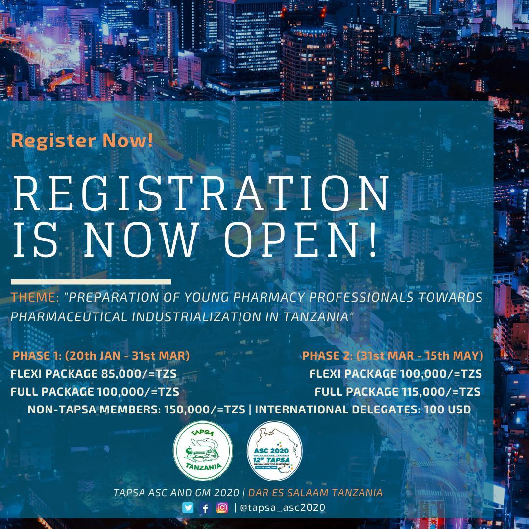 TAPSA_Asc2020's tweet photo. Hello World.

The registration of the TAPSA 12th Annual Scientific Conference and General Meeting to be conducted in Dar Es Salaam and hosted by @tapsamuhas &amp; @KiutTapsa is now open.

We kindly invite you to register through the link below 

https://t.co/UNR53A0LmO https://t.co/w2hYfgkF1B