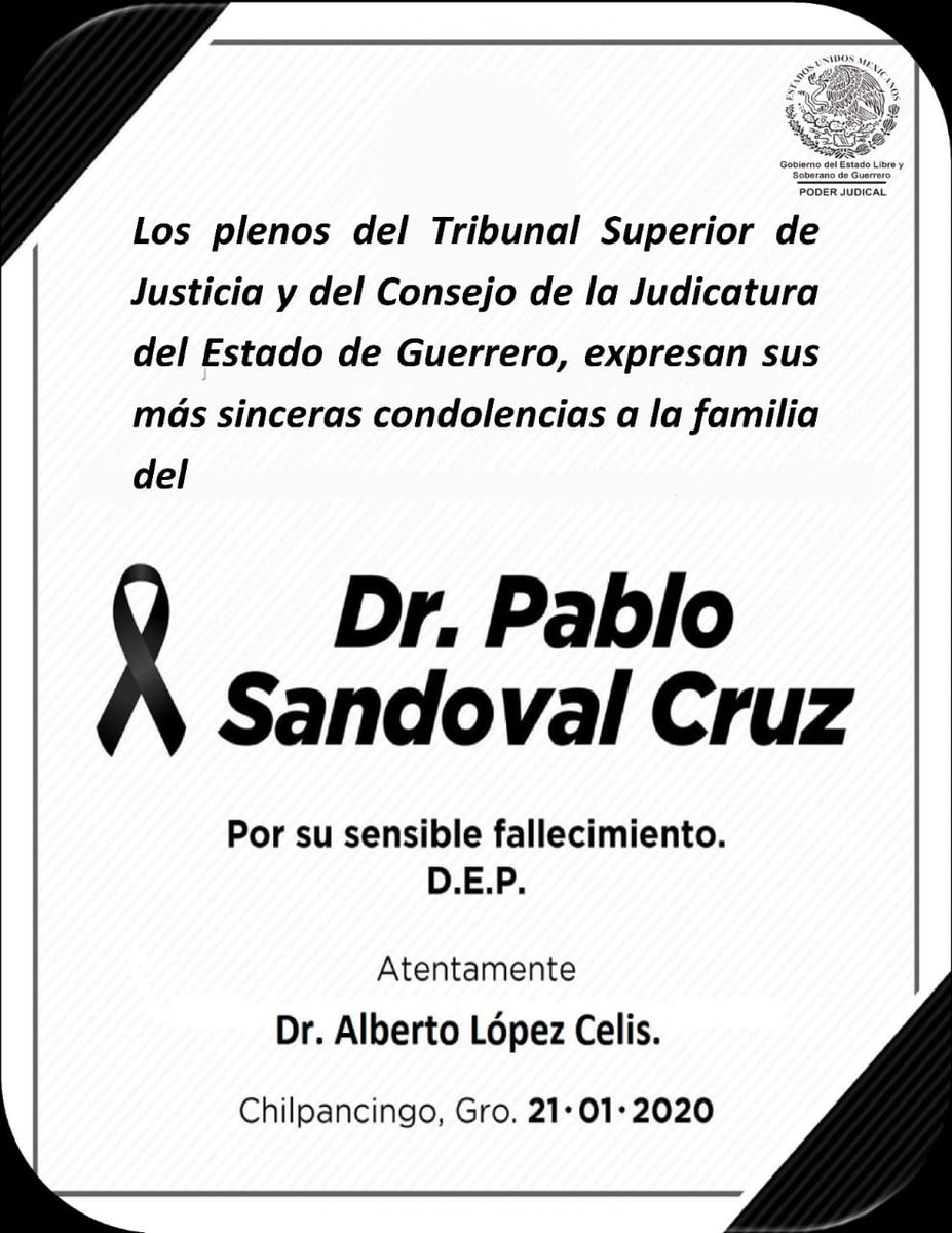 El Poder Judicial del Estado lamenta el sensible fallecimiento del doctor Pablo Sandoval Cruz.
<a href="/Irma_Sandoval/">Irma Eréndira Sandoval B.</a> <a href="/SanAmilcar/">Pablo Amílcar Sandoval B</a>