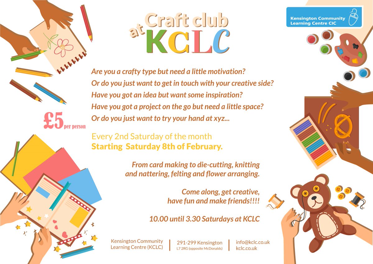 KCLC291's tweet photo. This Saturday - 10am - 3.30pm Brand new craft club come and join us - get out, get creative, make friends #crafts #Liverpool #clubs #thingstodo https://t.co/IYaY6e2zZo