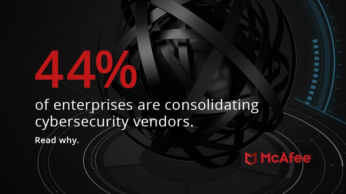 McAfee's tweet image. Cybersecurity technology platforms are the new era of security products that help you consolidate. Learn more about the benefits of consolidating. mcafee.ly/2NKOSXs