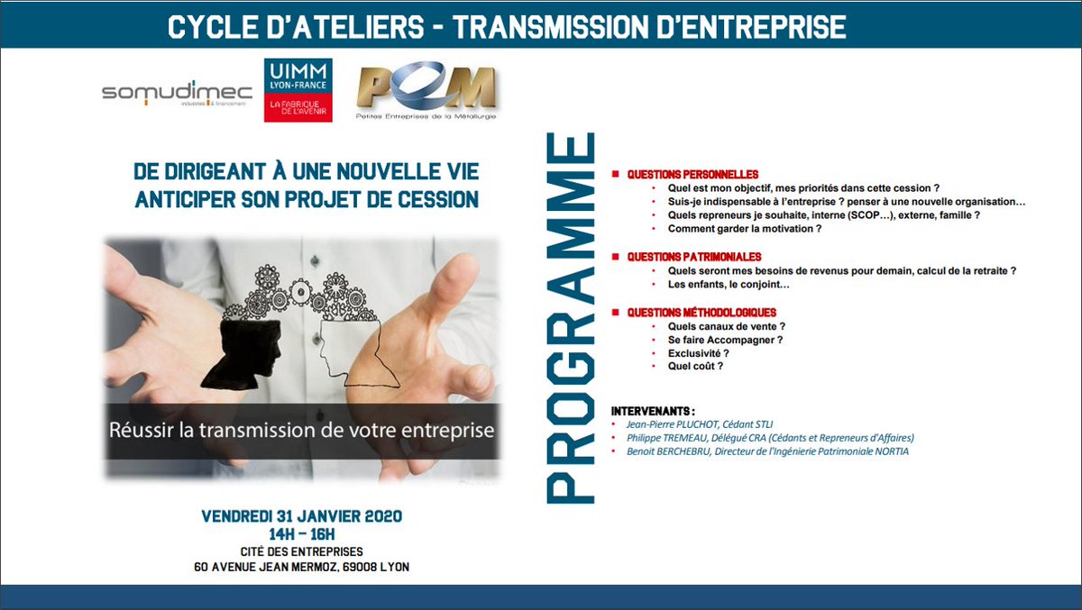 La transmission de son entreprise ne s'improvise pas ! Venez échanger et partager vos expériences avec des dirigeants qui ont cédé leurs entreprises 
#Transmission <a href="/UIMMLYONFRANCE/">UIMM LYON-FRANCE</a> <a href="/somudimec/">SOMUDIMEC</a> 

uimmlyon.com/evenement/32913
