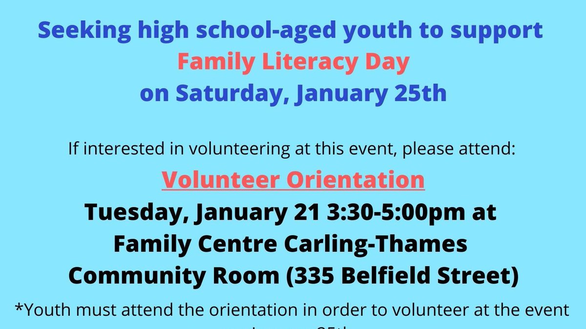luso_london's tweet photo. Calling all High School Aged youth looking for volunteer hours! Join us today for our Family Literacy Day Volunteer Orientation to learn more. See poster for details! #community #youth #volunteering https://t.co/0cpW58R3aW