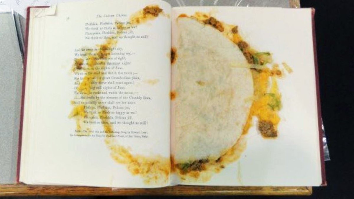 kwh561's tweet photo. @alex_christofi Yesterday my colleague called me “a book murderer” because I like to keep little a taco in between the pages every few chapters, as a treat. Does anyone else do this? Is it just me? https://t.co/JQjb6R5WD1